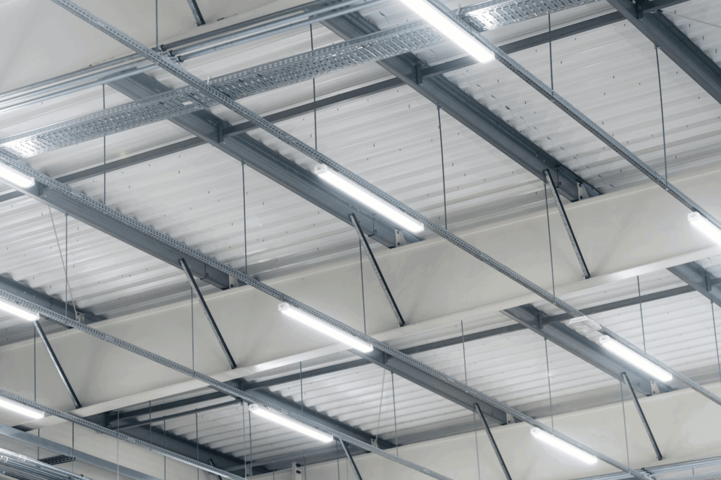 Plafond de bâtiment industriel avec éclairage linéaire LED et panneaux acoustiques suspendus. (éclairage industriel)